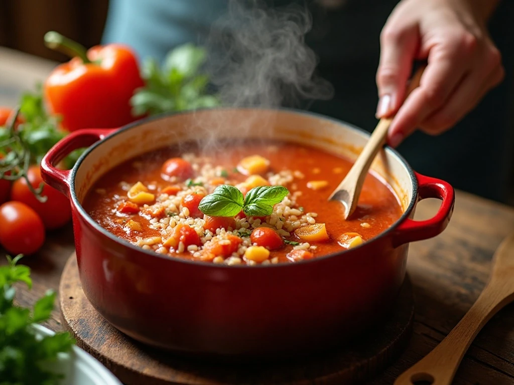 Stuffed bell pepper soup simmering with rice and vegetables