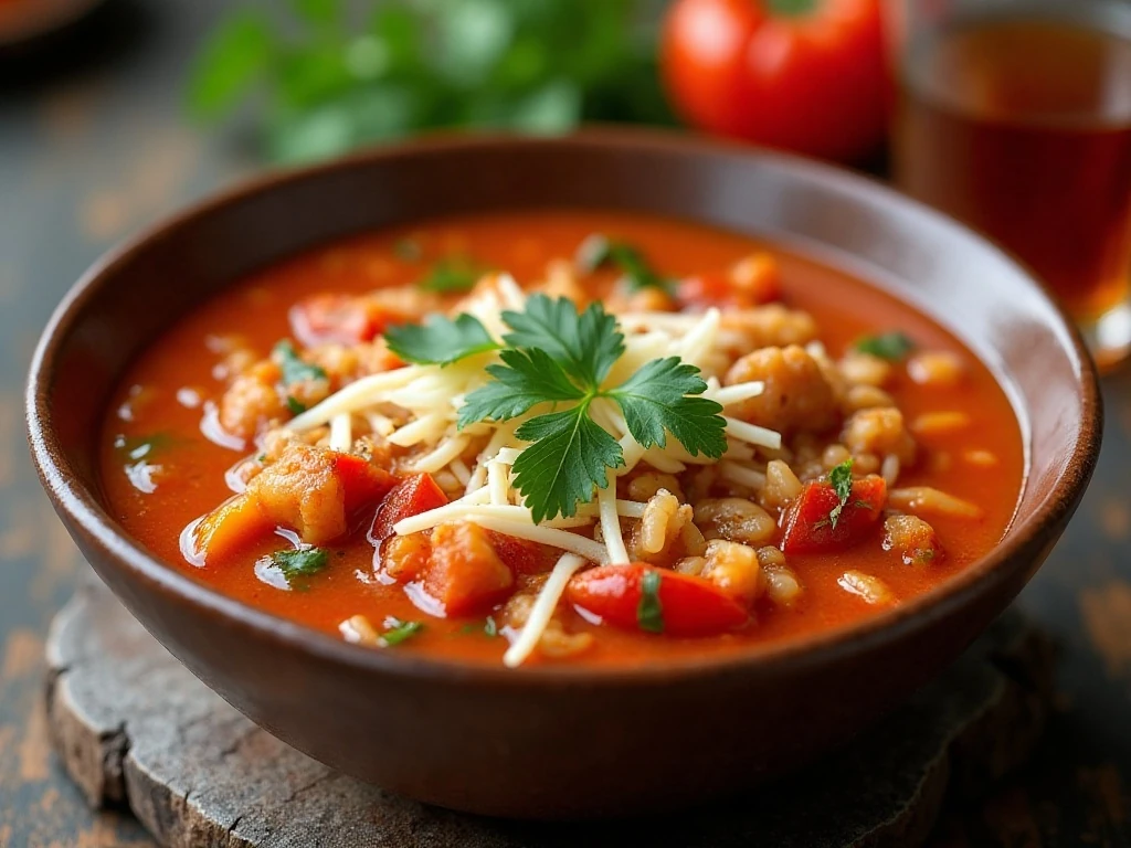 Reheated stuffed bell pepper soup with cheese and parsley