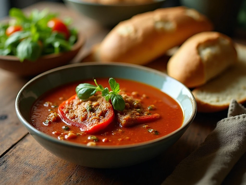 Stuffed bell pepper soup served with bread and side dishes