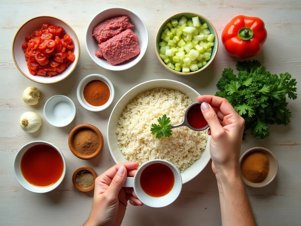 Ingredients for easy stuffed cabbage soup arranged for cooking