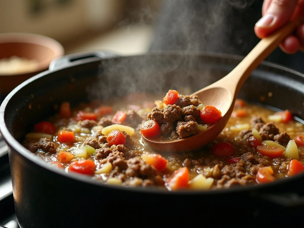 Stuffed cabbage soup simmering in a Dutch oven