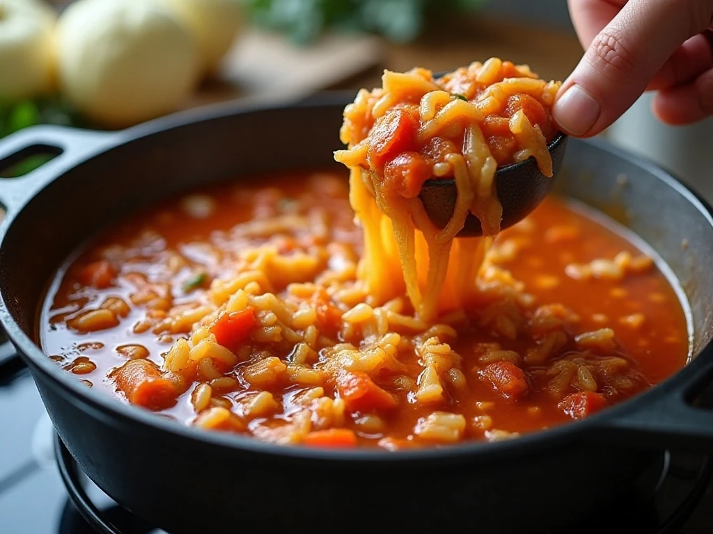 Tender cabbage and rice cooking in tomato broth