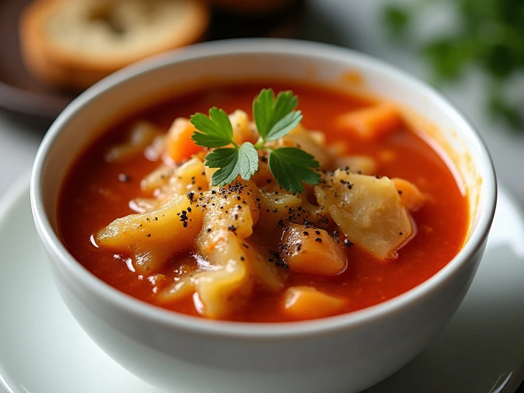 Stuffed cabbage soup garnished with parsley and served with bread