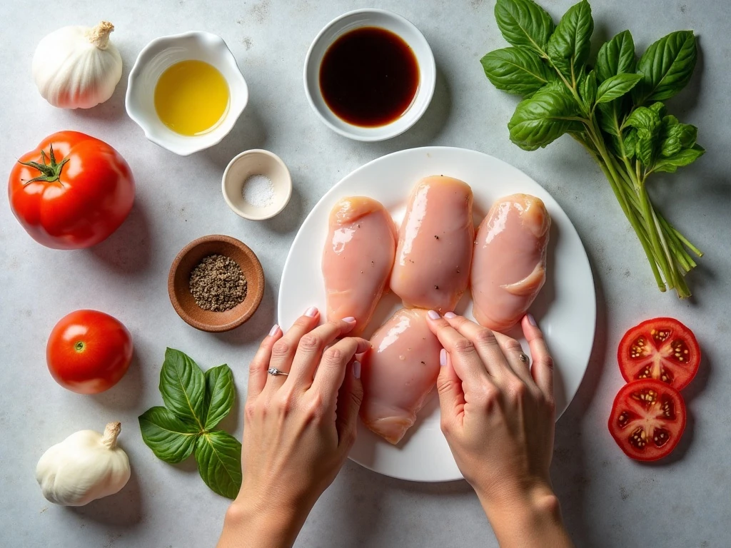 Ingredients for stuffed Caprese chicken breasts arranged in a flat lay