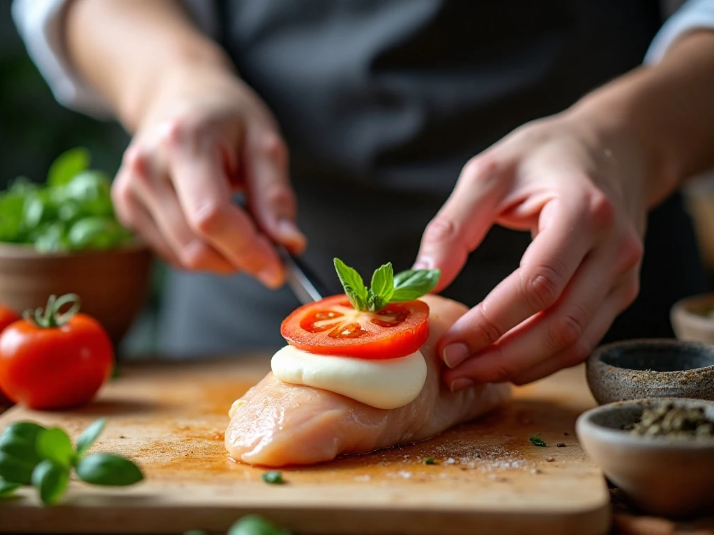 Filling a chicken breast pocket with mozzarella tomato and basil