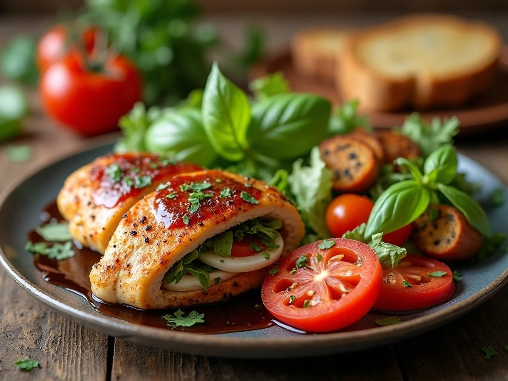 Stuffed Caprese chicken served with salad roasted vegetables and bread