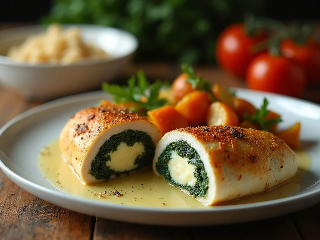 Spinach-and-cheese stuffed chicken served as an easy family dinner