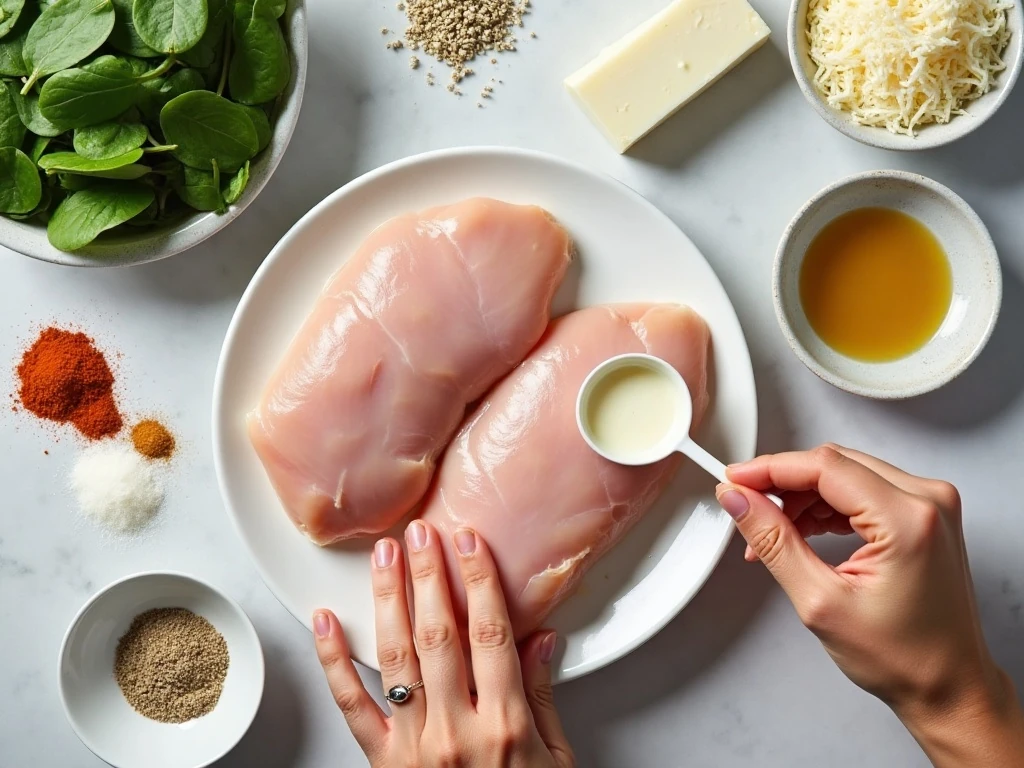 Ingredients for spinach-and-cheese stuffed chicken breast