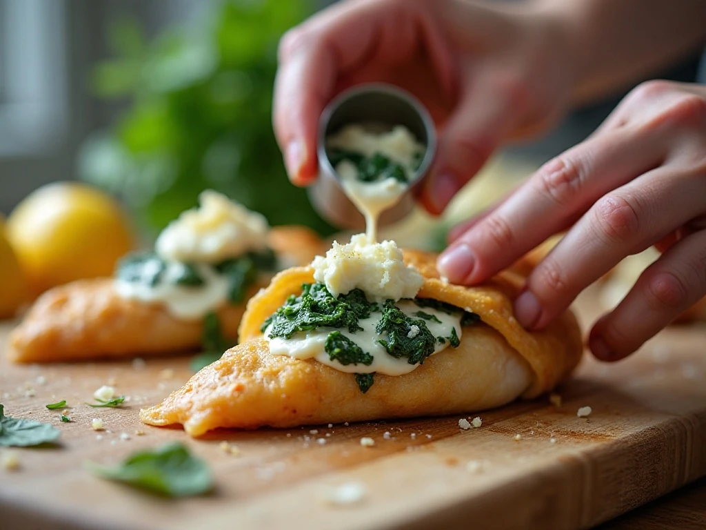 Filling chicken breasts with spinach and cheese mixture