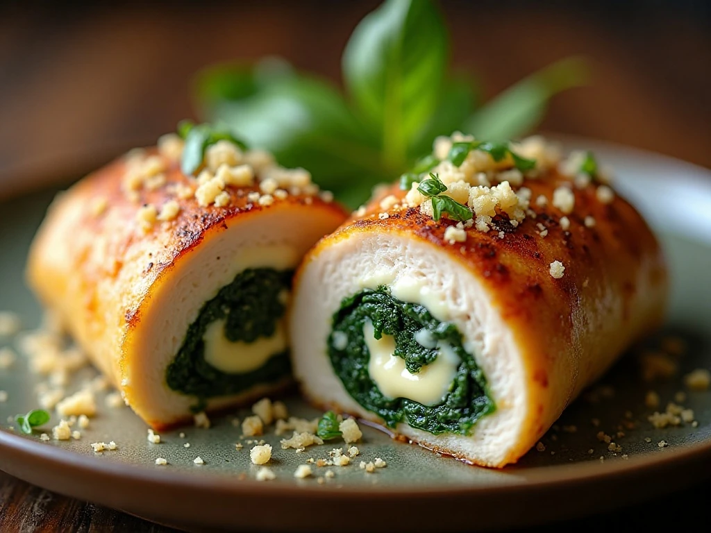 Close-up of creamy spinach-and-cheese chicken filling