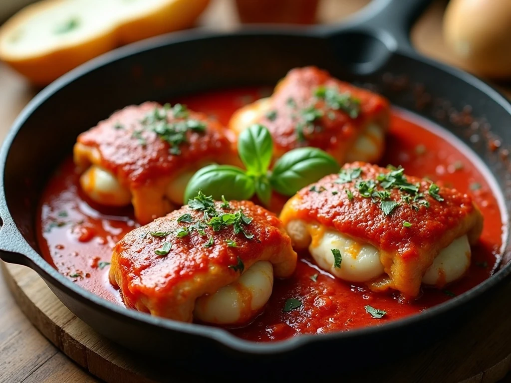 Stuffed chicken thighs with prosciutto mozzarella and tomato sauce in a skillet