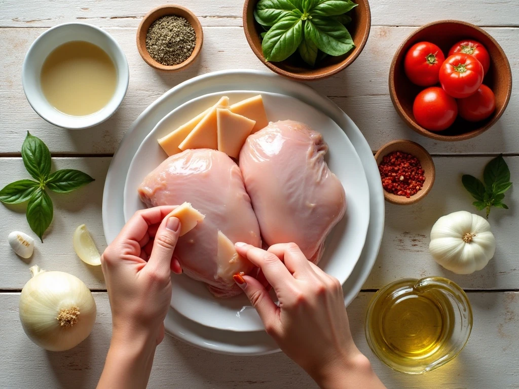 Ingredients for stuffed chicken thighs with prosciutto and mozzarella