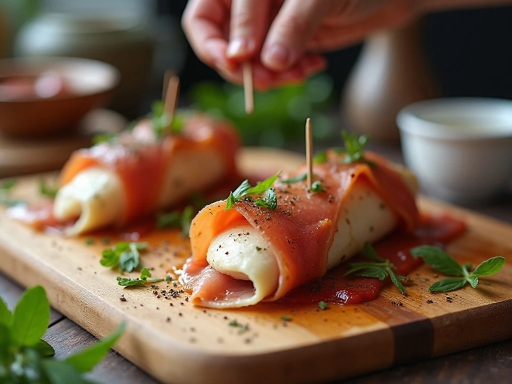 Rolling chicken thighs around prosciutto mozzarella and basil