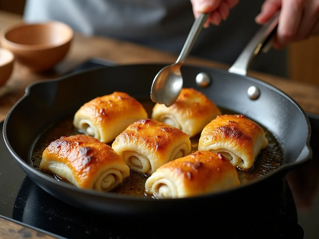 Chicken rolls browning seam side down in an ovenproof skillet