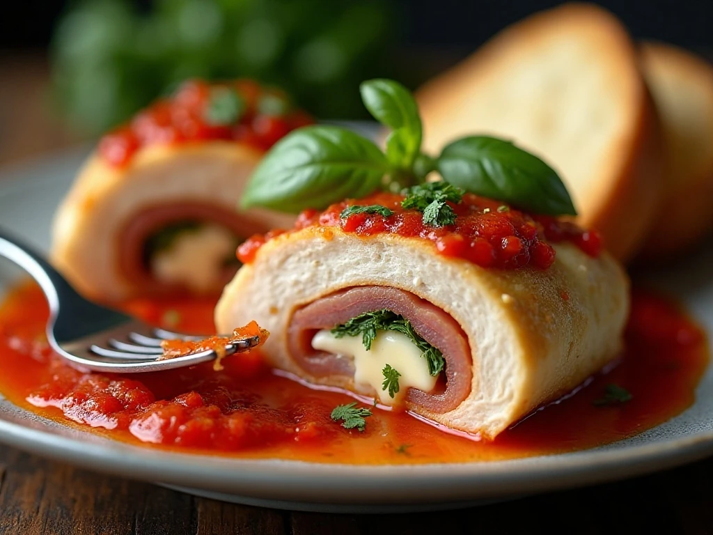 Sliced stuffed chicken thigh showing melted mozzarella and prosciutto