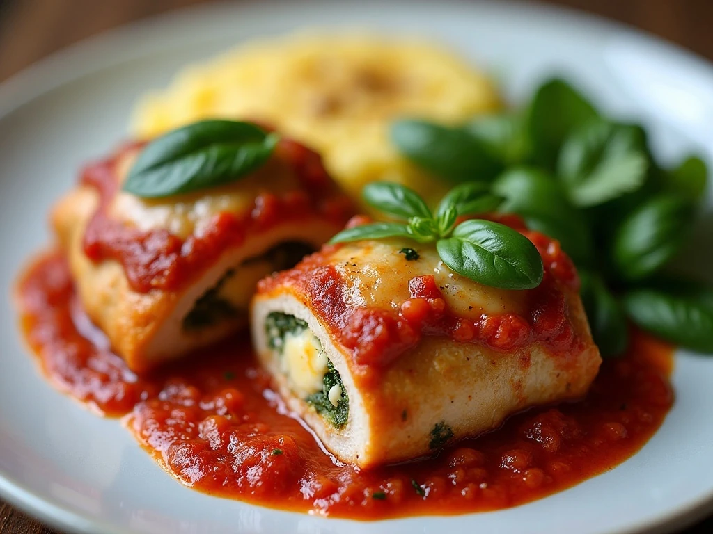 Plated stuffed chicken thighs with tomato sauce polenta and salad