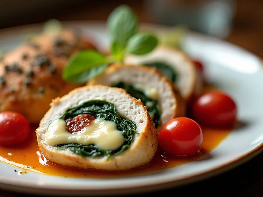 Sliced stuffed chicken with creamy cheese, spinach, and sun-dried tomatoes