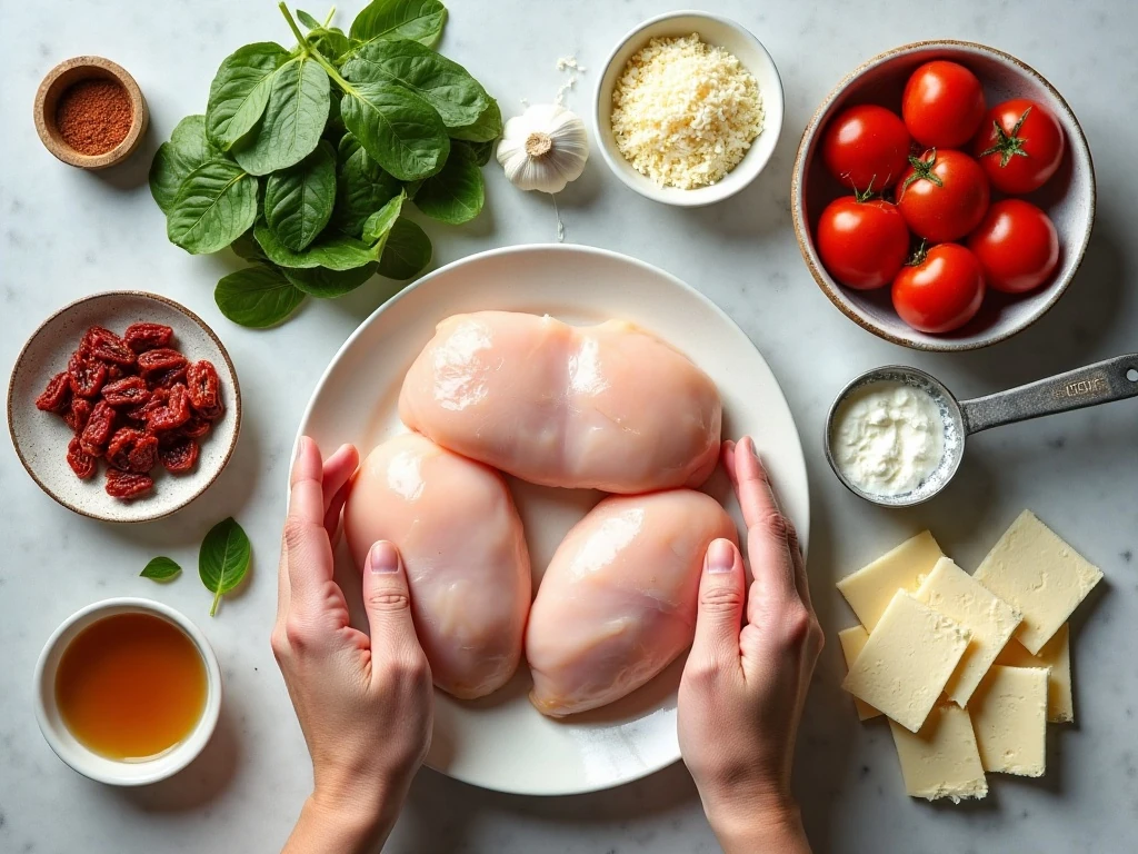 Ingredients for cheese, spinach, and tomato stuffed chicken