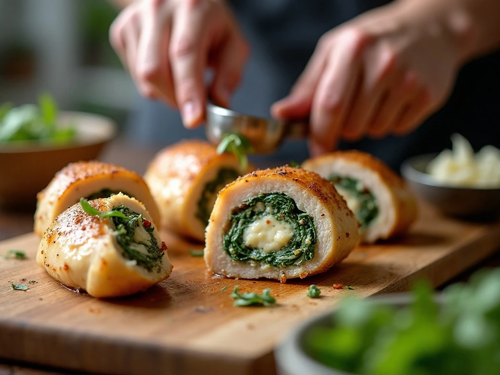 Filling chicken breasts with spinach, cheese, garlic, and sun-dried tomatoes