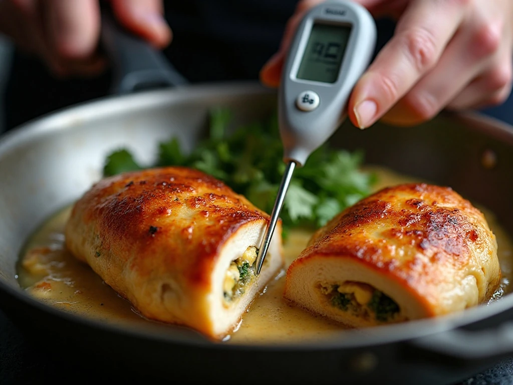 Checking the temperature of stuffed chicken with an instant-read thermometer