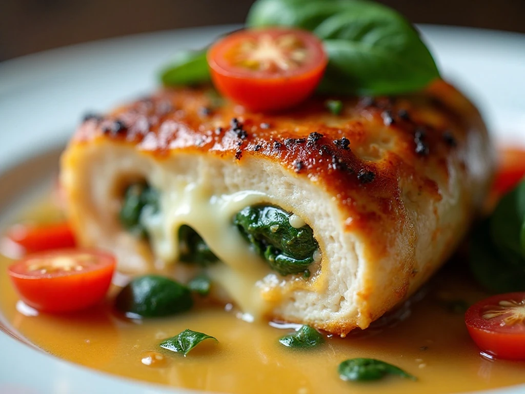 Stuffed chicken served with creamy tomato pan sauce and cherry tomatoes