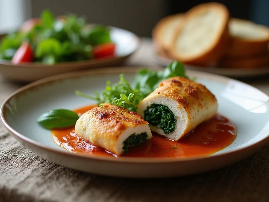 Reheated stuffed chicken served with sauce and simple sides