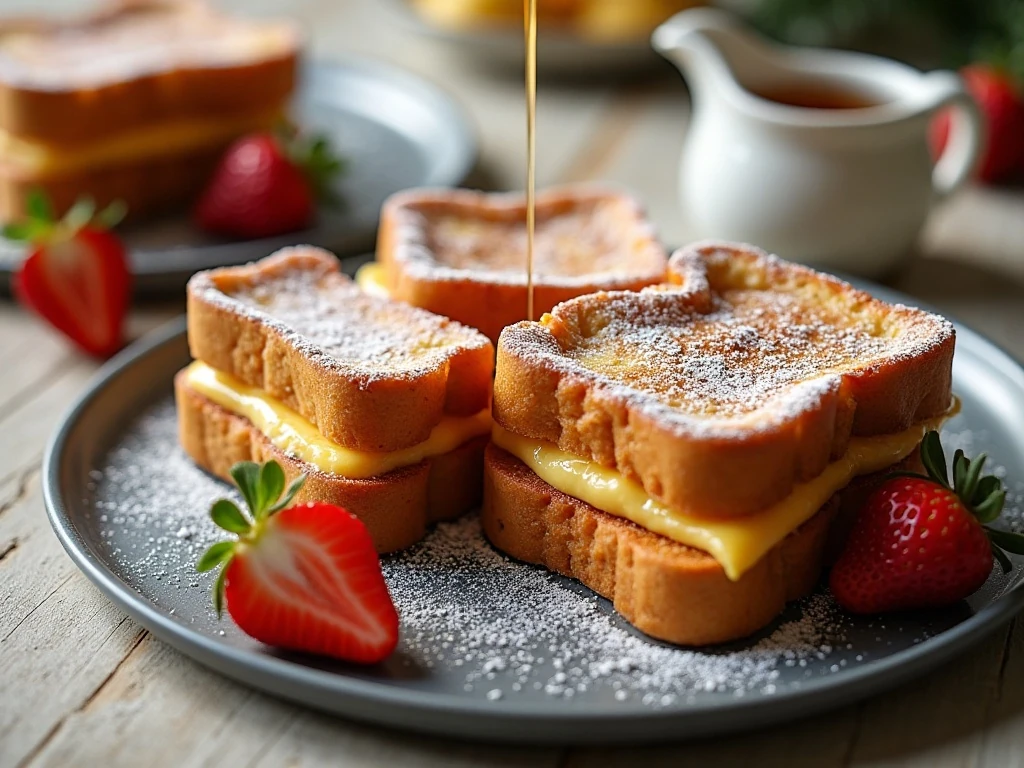 Golden stuffed French toast sandwiches with strawberries and maple syrup