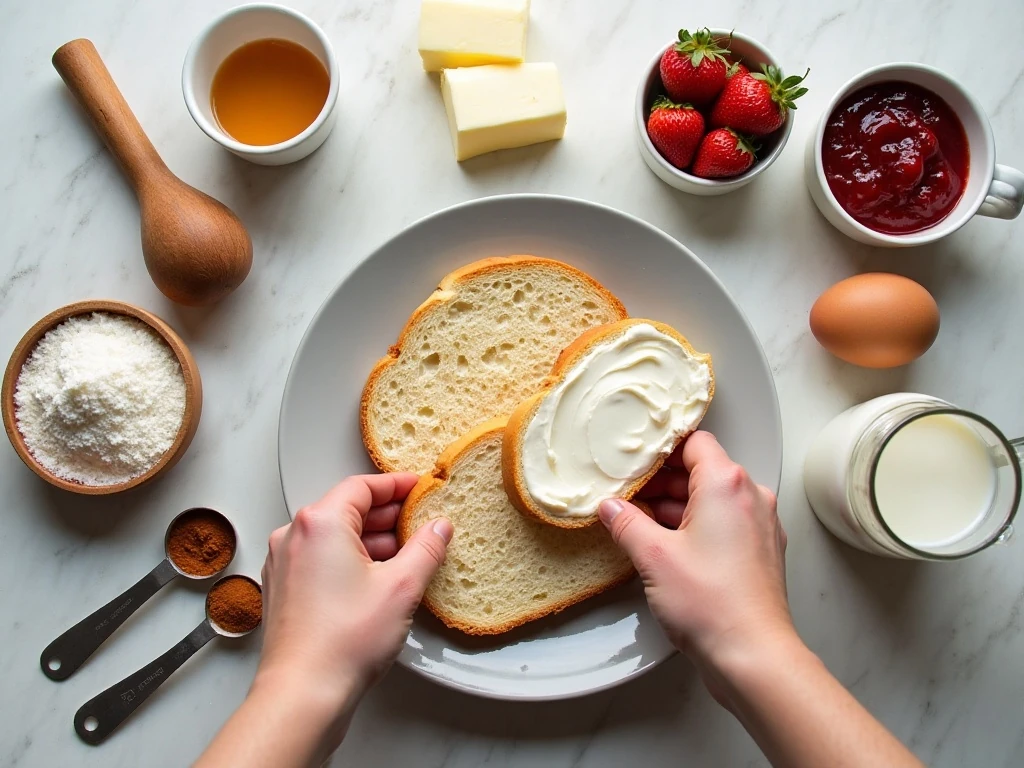 Ingredients for cream cheese and strawberry stuffed French toast