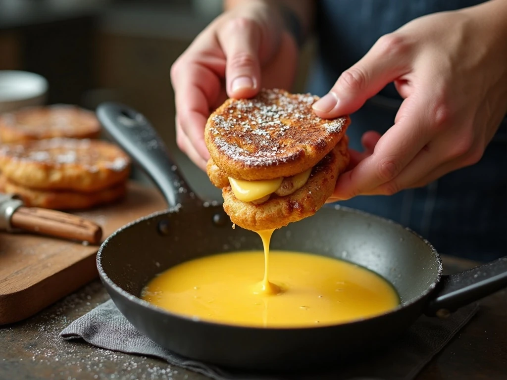 Dipping stuffed French toast sandwiches in cinnamon egg custard