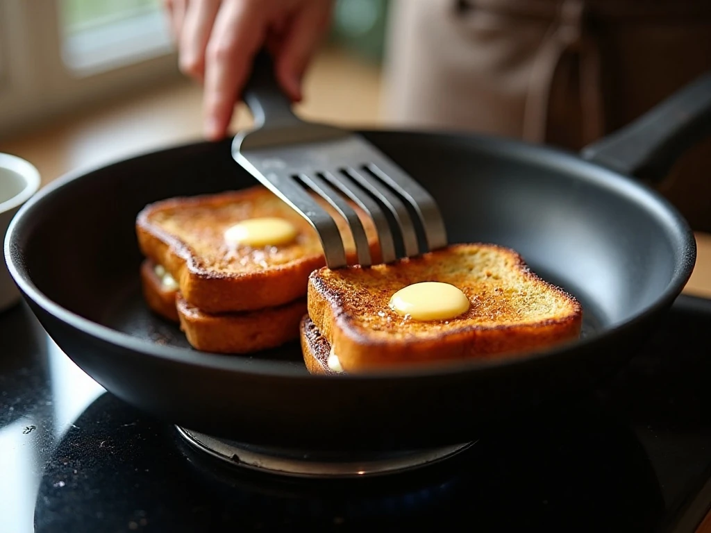 Golden stuffed French toast cooking in a buttered skillet