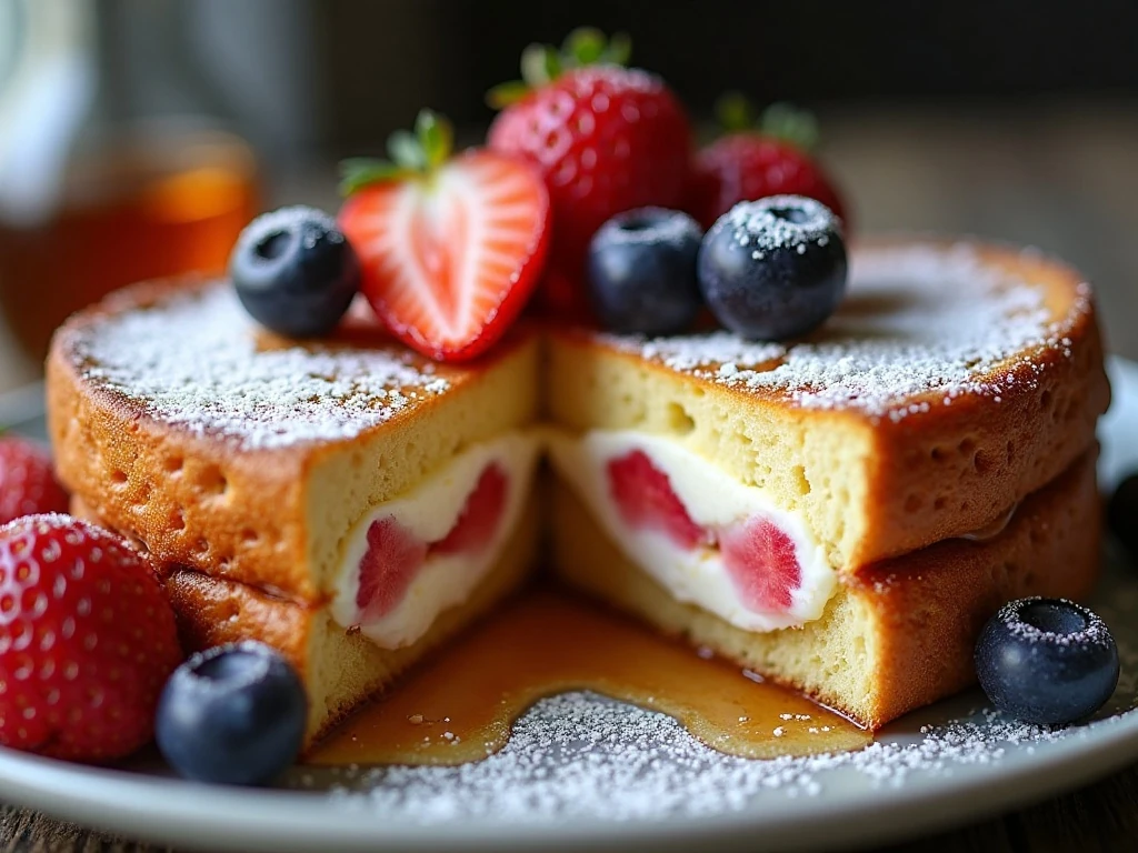 Close-up of creamy strawberry stuffed French toast with berries