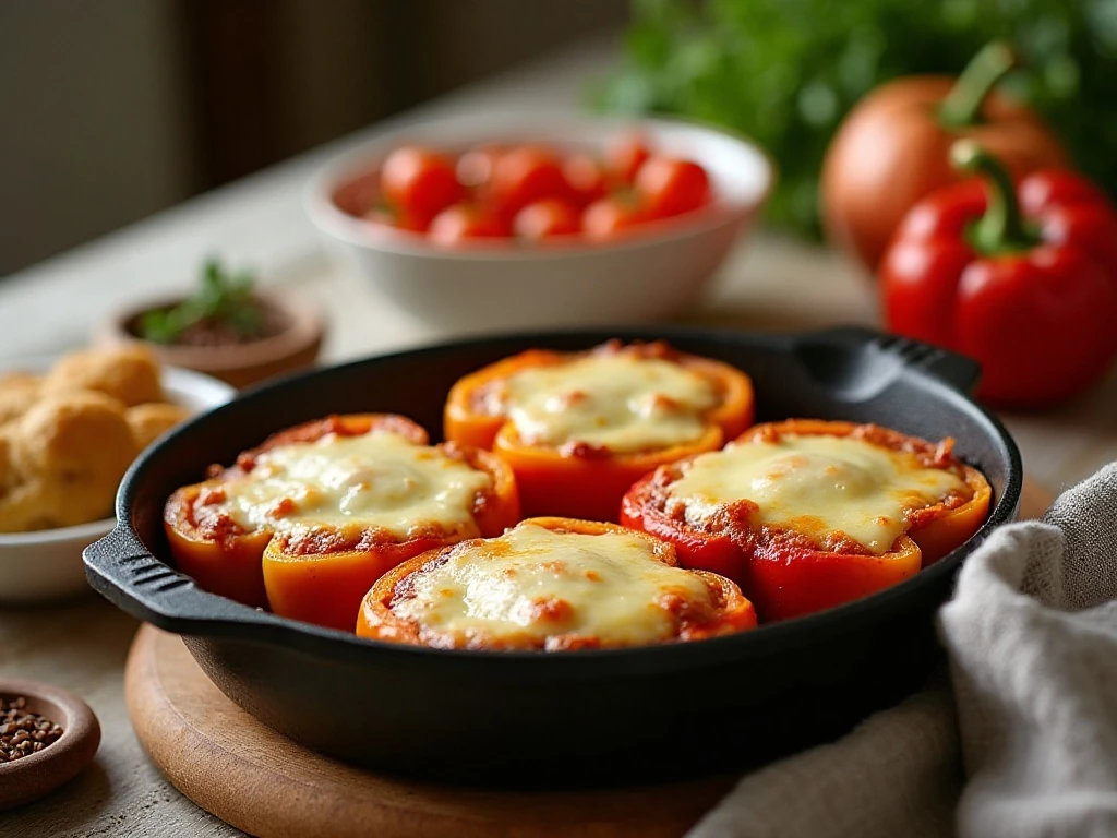 Colorful stuffed pepper casserole served family style for dinner