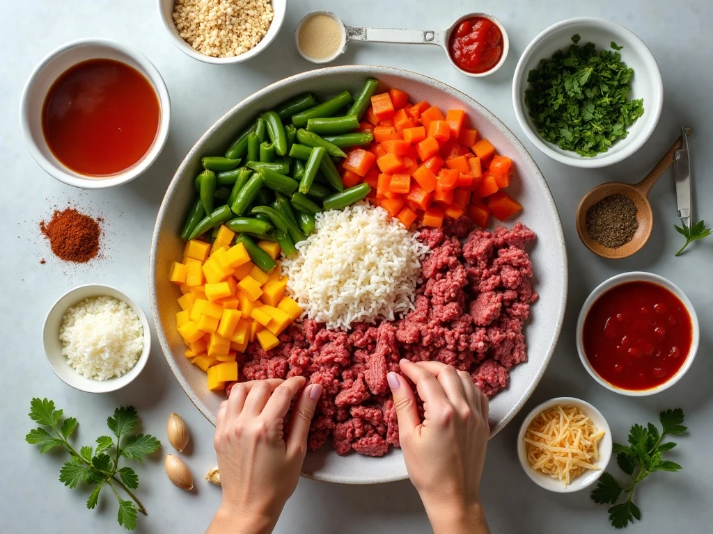 Ingredients for easy stuffed pepper casserole arranged on a counter