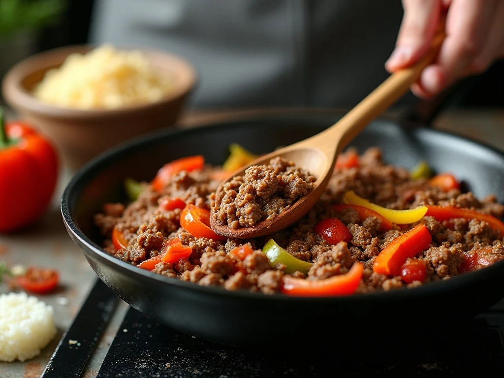Ground beef and colorful peppers cooking in a skillet for casserole