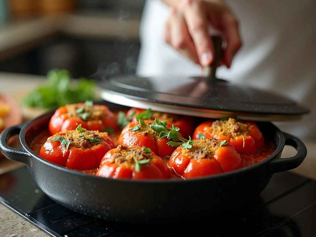 Covered skillet simmering rice and peppers for stuffed pepper casserole