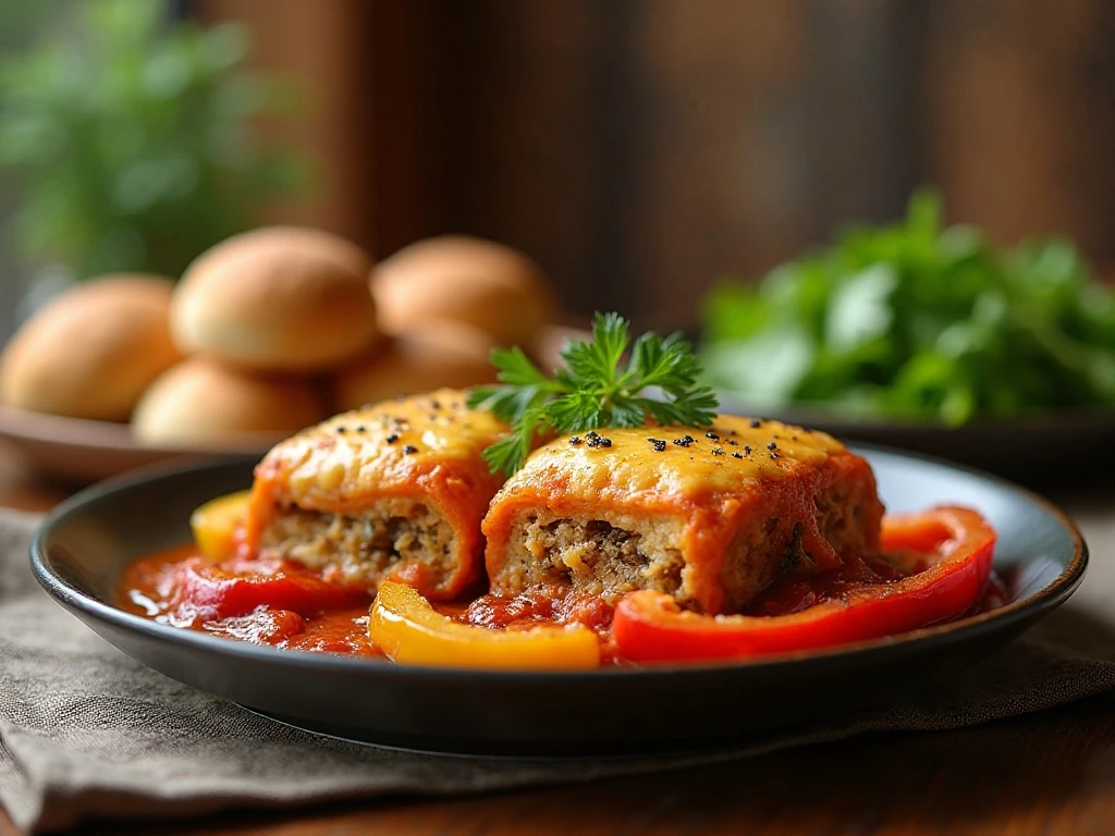 Stuffed pepper casserole served with salad and warm rolls