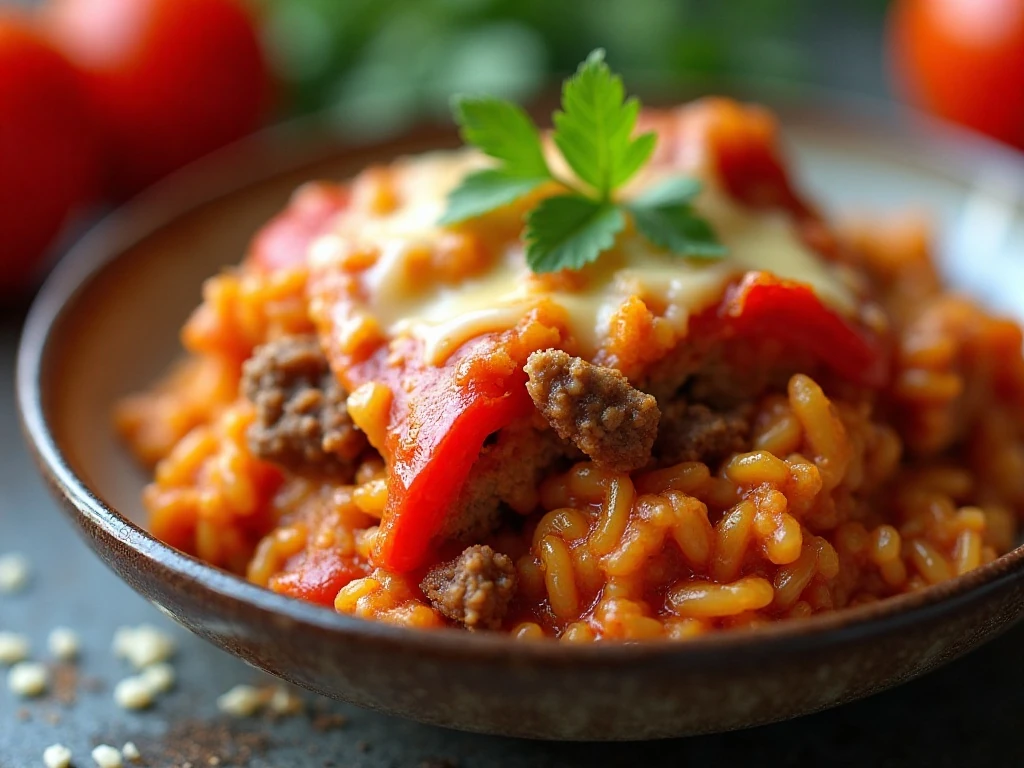 Close-up portion of leftover stuffed pepper casserole ready to reheat