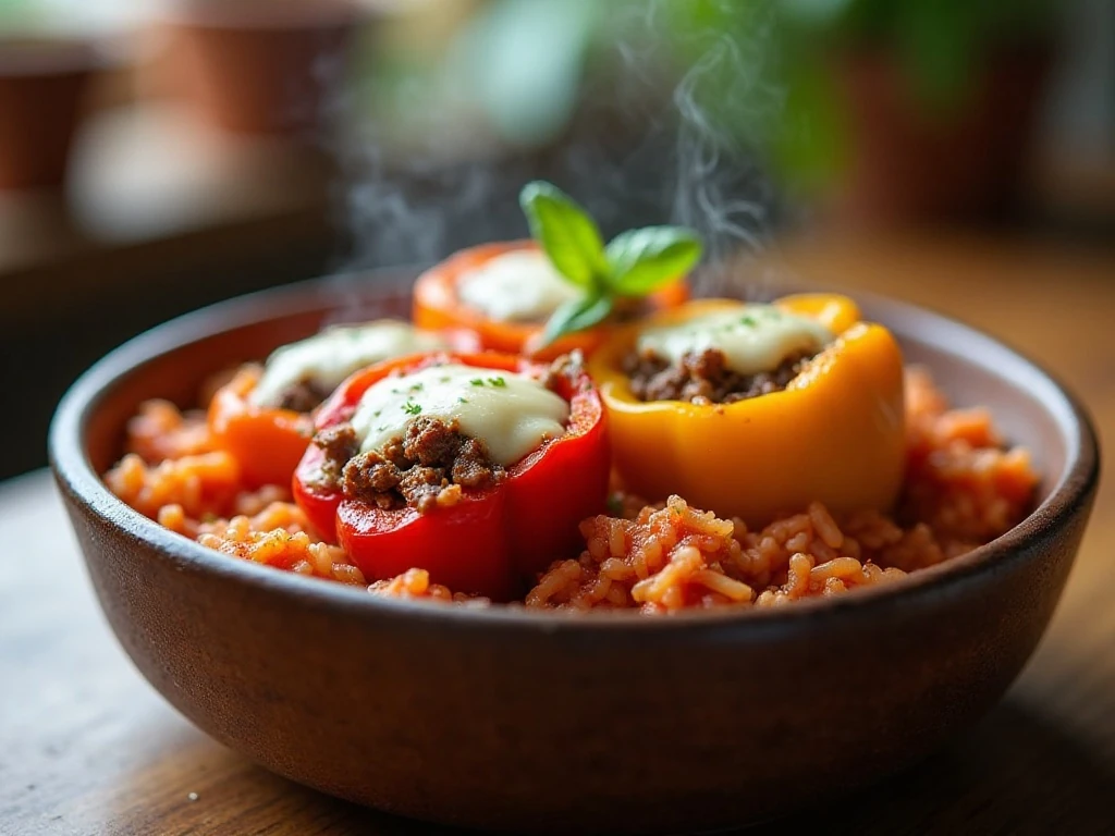 Hearty stuffed pepper casserole with beef, rice, bell peppers, tomatoes, and melted cheese