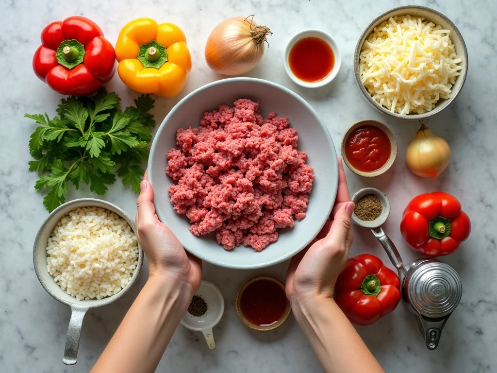 Ingredients for easy stuffed pepper casserole arranged for cooking