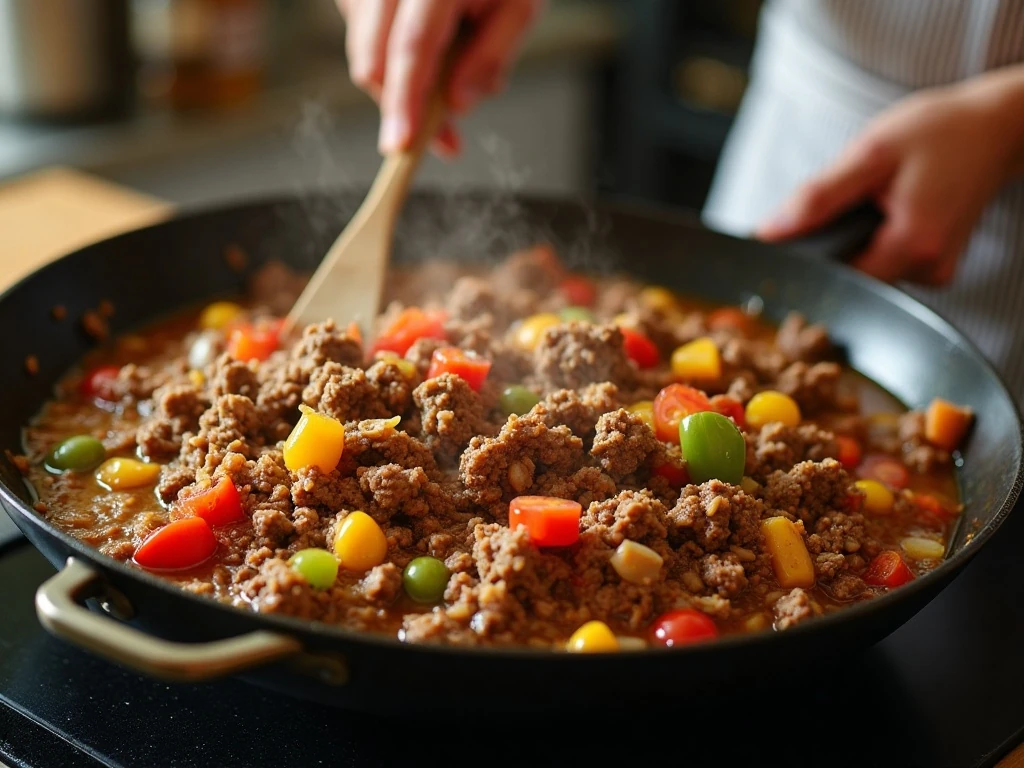 Stuffed pepper casserole ingredients simmering together in a deep skillet