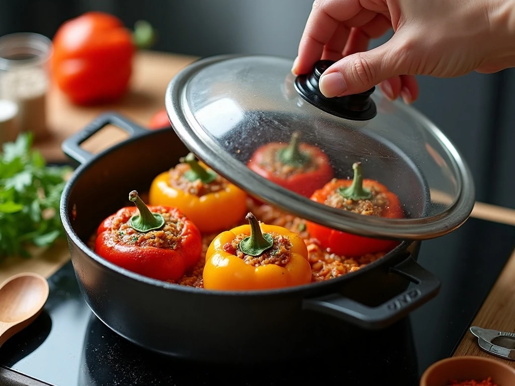 Covered skillet simmering stuffed pepper casserole for tender rice