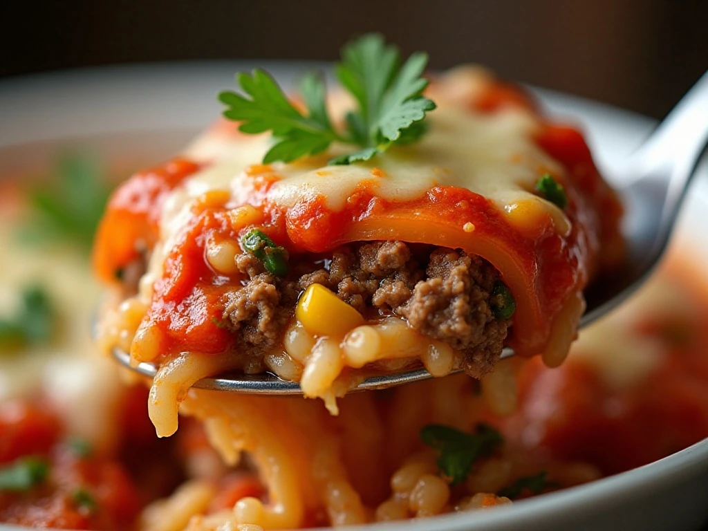 Close-up spoonful of cheesy stuffed pepper casserole with colorful peppers