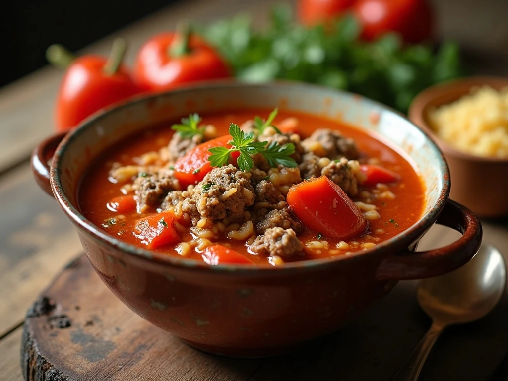 Hearty stuffed pepper soup served for a comforting family dinner