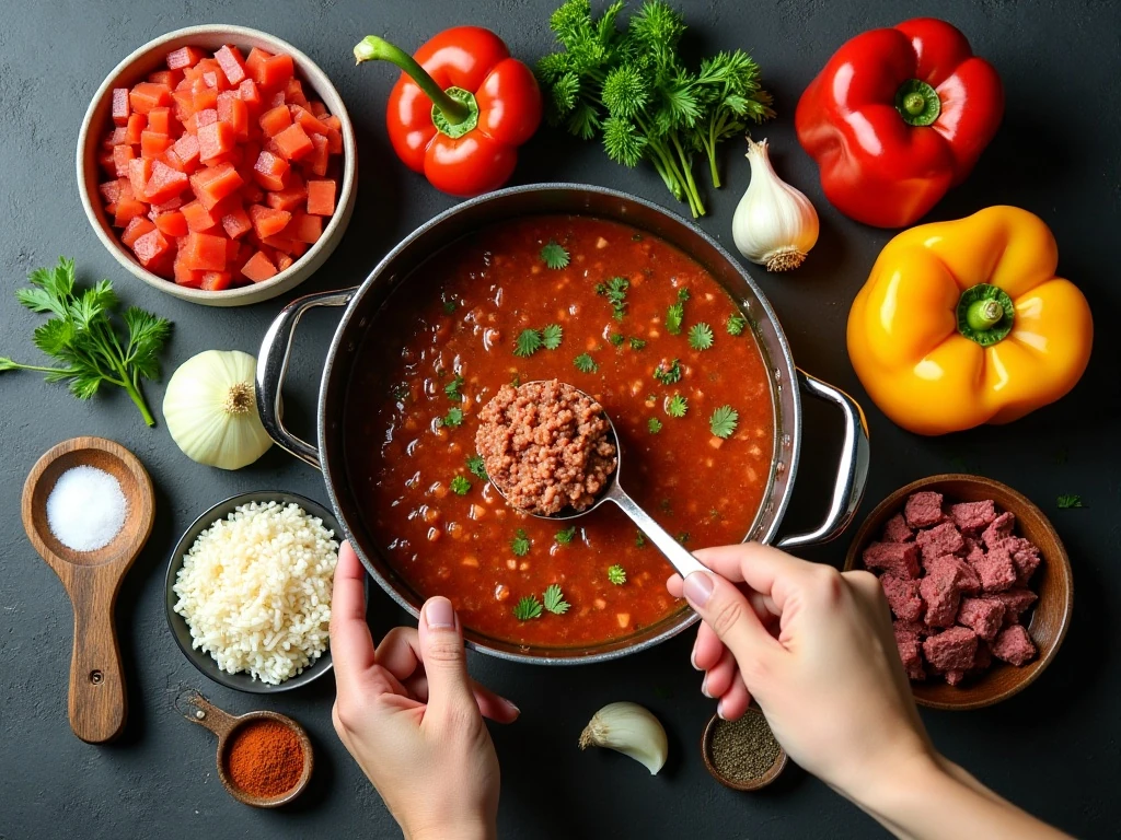 Ingredients for easy stuffed pepper soup arranged on a kitchen counter