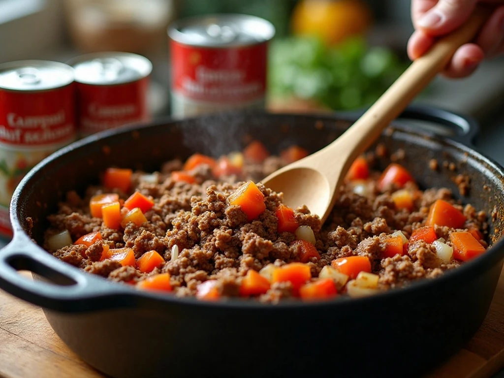 Ground beef and bell peppers cooking in a Dutch oven for stuffed pepper soup
