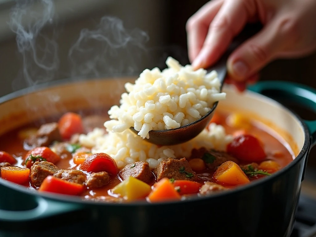 Rice being stirred into stuffed pepper soup during the final cooking stage