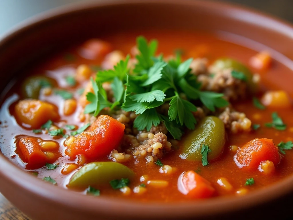 Fresh parsley garnish on a bowl of stuffed pepper soup