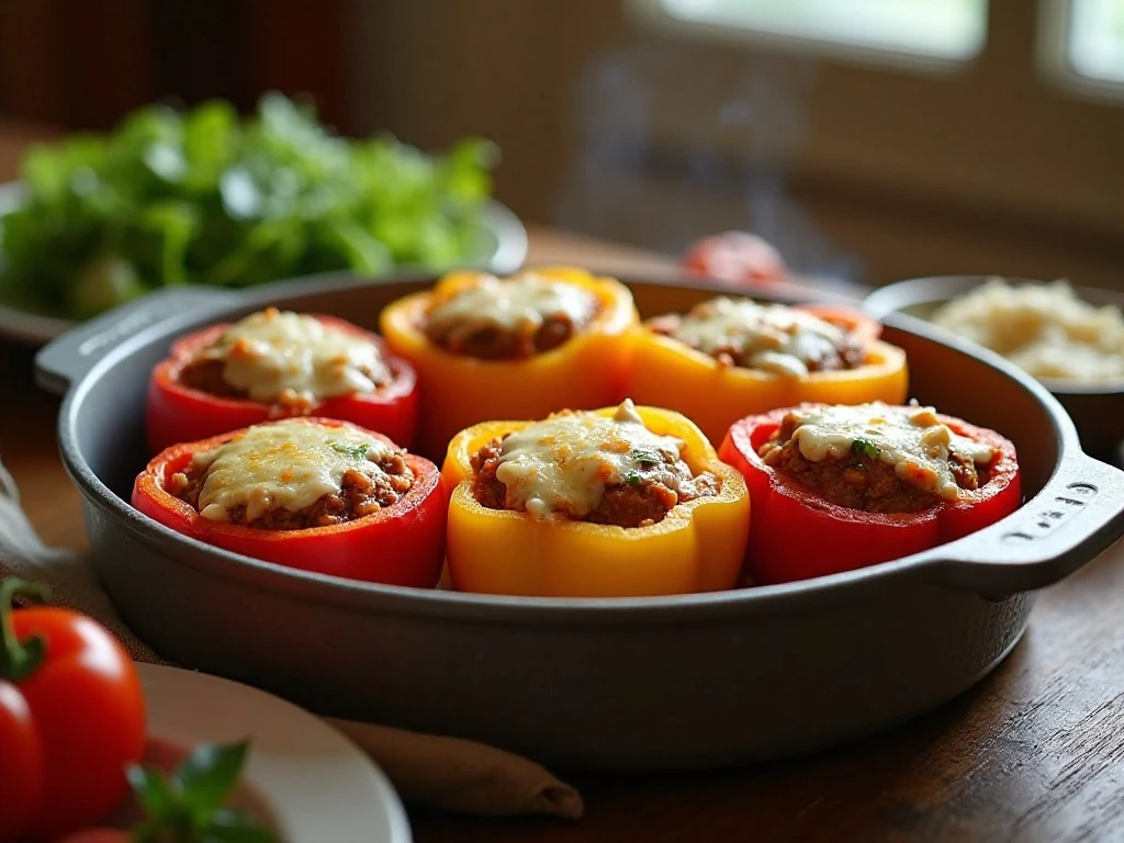 Colorful stuffed peppers served as a comforting family dinner