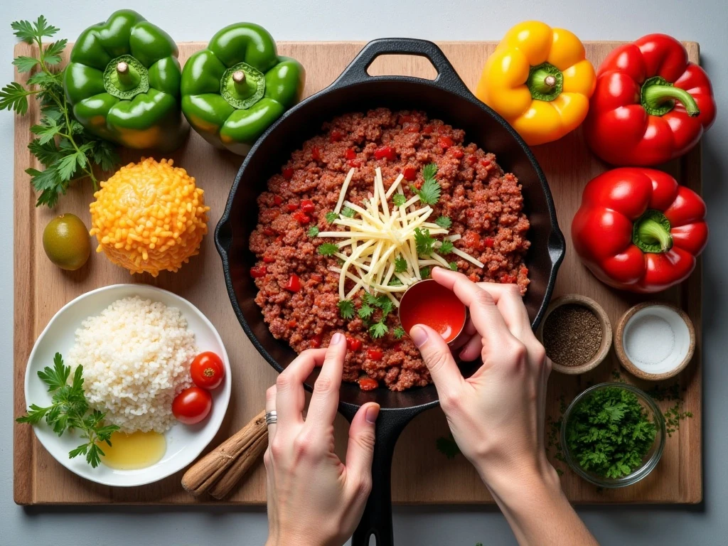 Ingredients for ground beef and rice stuffed peppers