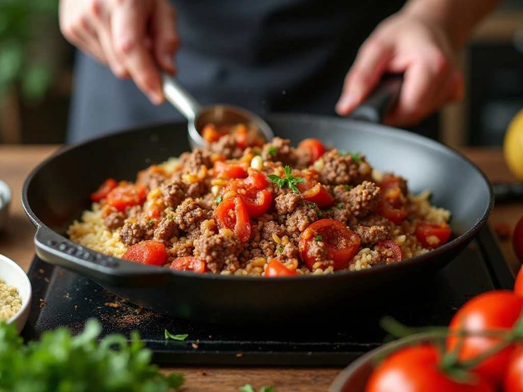 Savory beef and rice filling being prepared for stuffed peppers